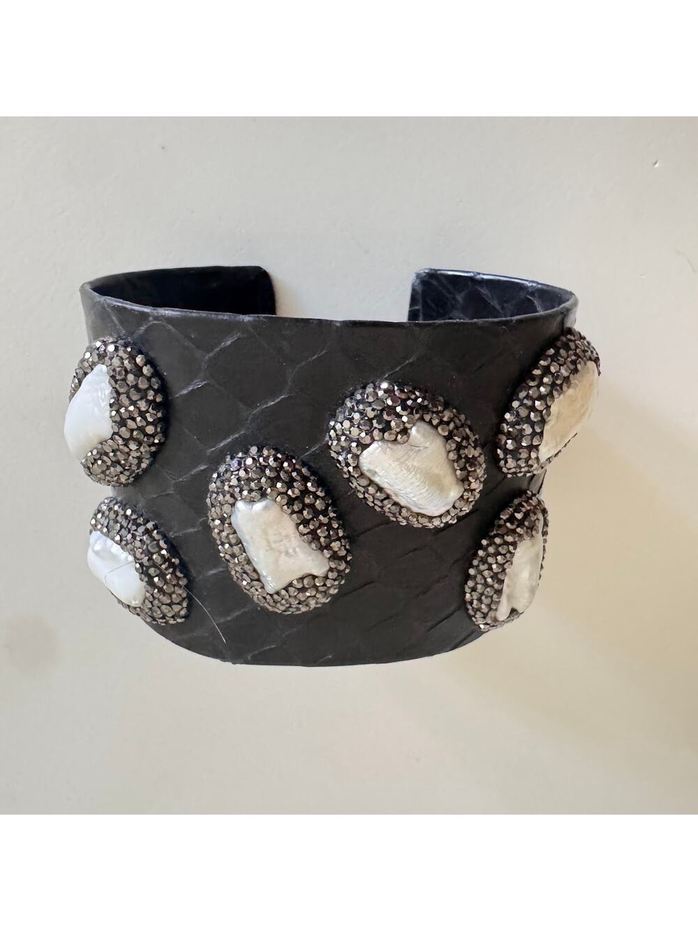Black Leather Wide Cuff Bracelet With Pearls Statement Jewelry